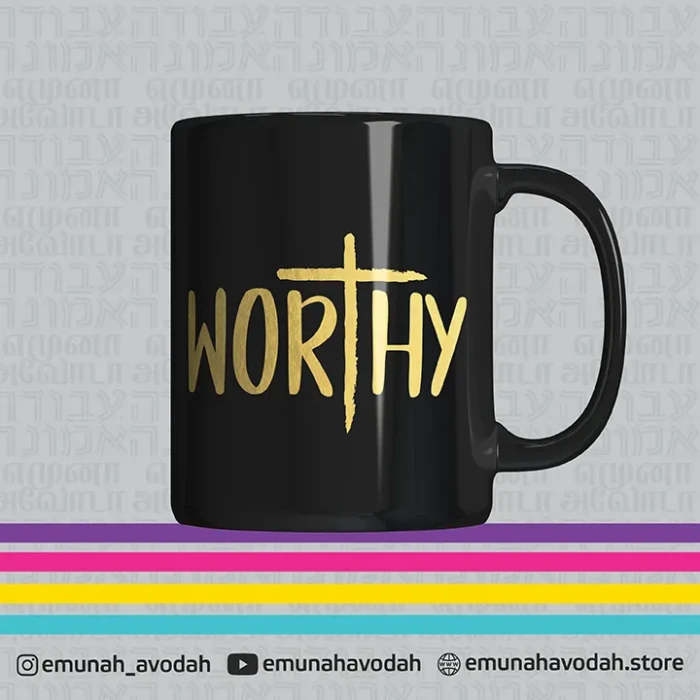 Black Mug with Gold 'Worthy' Lettering